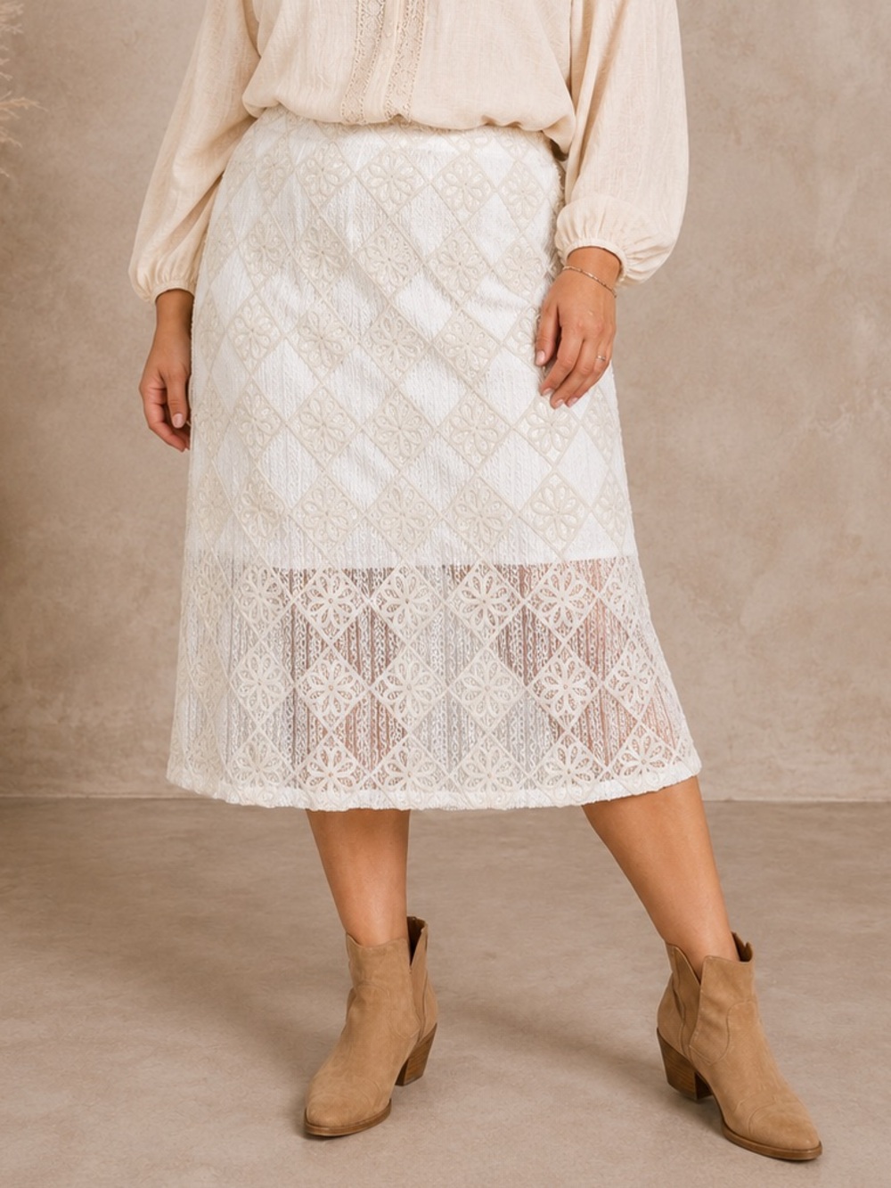 Solitaire White Lace Knee Length Boho Skirt Large NWT Cottagecore